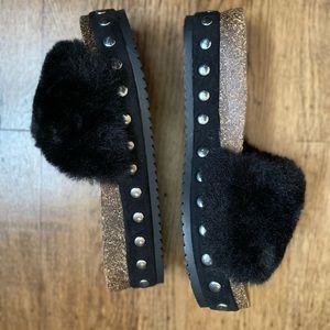 Platform Faux Fur Slides